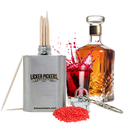 Liquor Infused All White Birch Toothpicks - With 2oz Flask Toothpick Holder - Licker Pickers Toothpicks