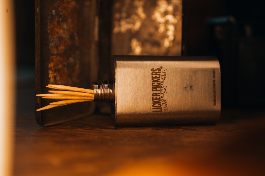 Liquor Infused All White Birch Wood Toothpicks With 2oz Flask Toothpick Holder