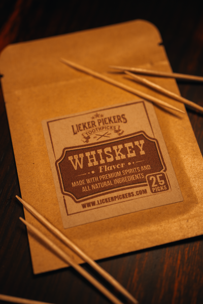 Liquor Infused All White Birch Wood Toothpicks - With 2oz Flask Toothpick Holder - Licker Pickers Toothpicks